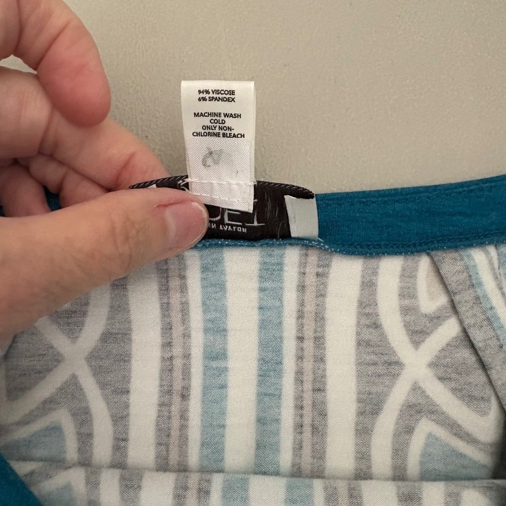 Ann Taylor Loft Teal Blue Geometric Border Print Jersey Mini Skirt Size 0 Office - Picture 7 of 7